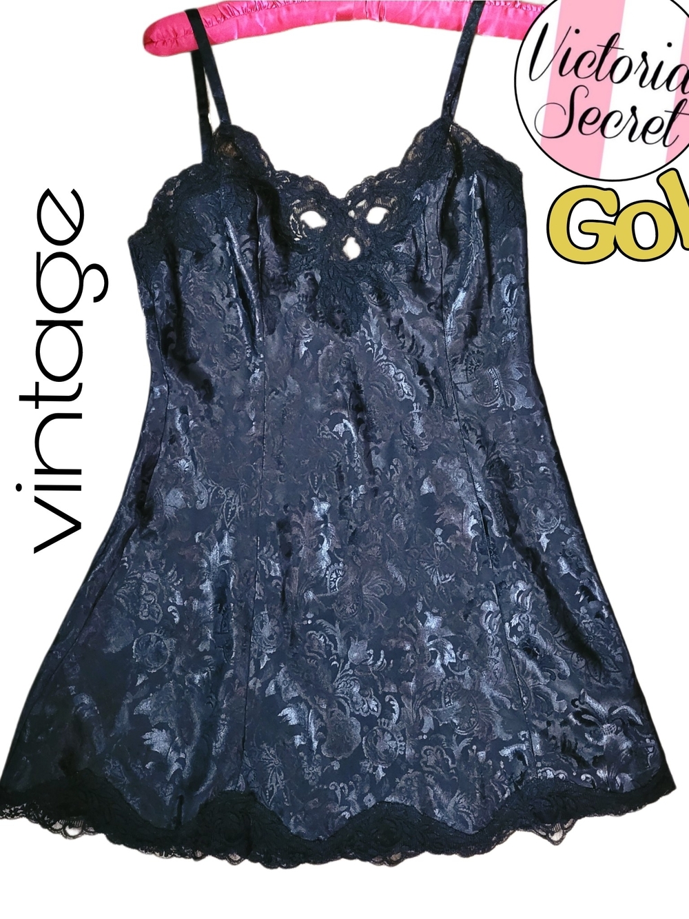 1980s Gold Label Victoria's Secret Black Lace Slip Dress Black On Black Floral P